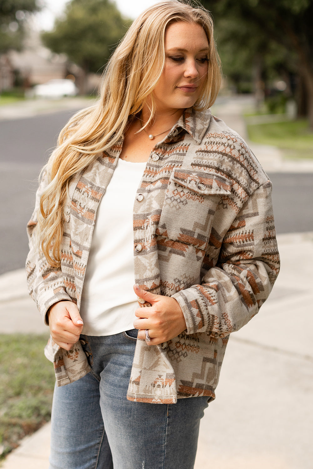 Aztec Geometric Print Pockets Plus Size Jacket