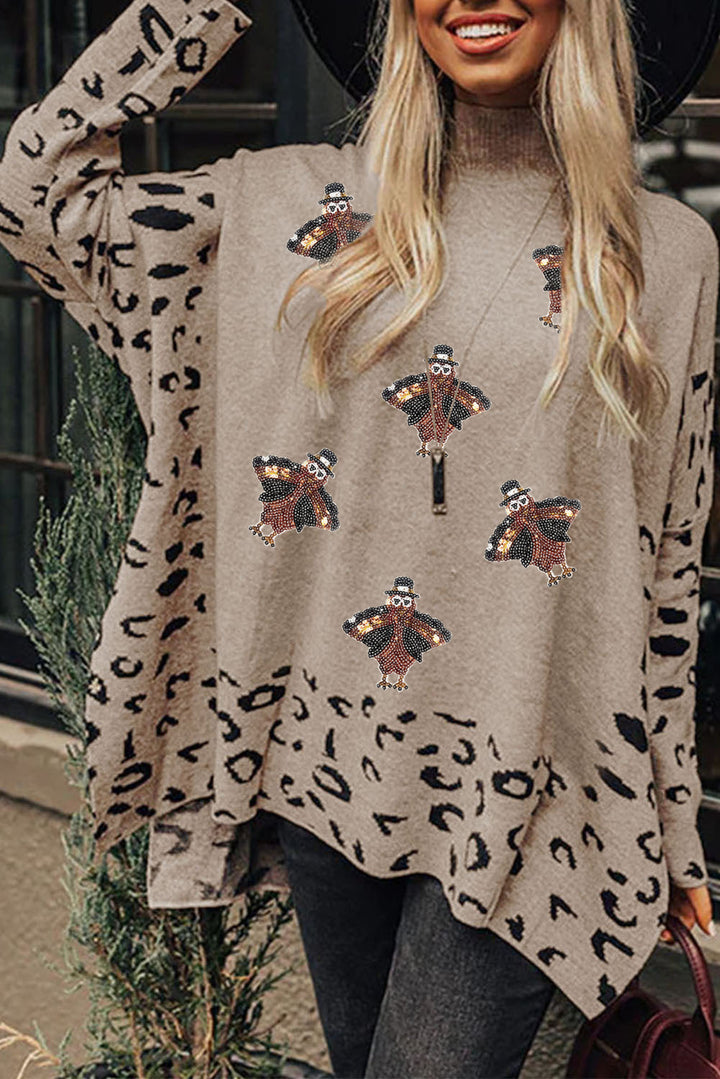 Sequin Turkey Leopard Mixed Pattern High Neck Sweater with Slits