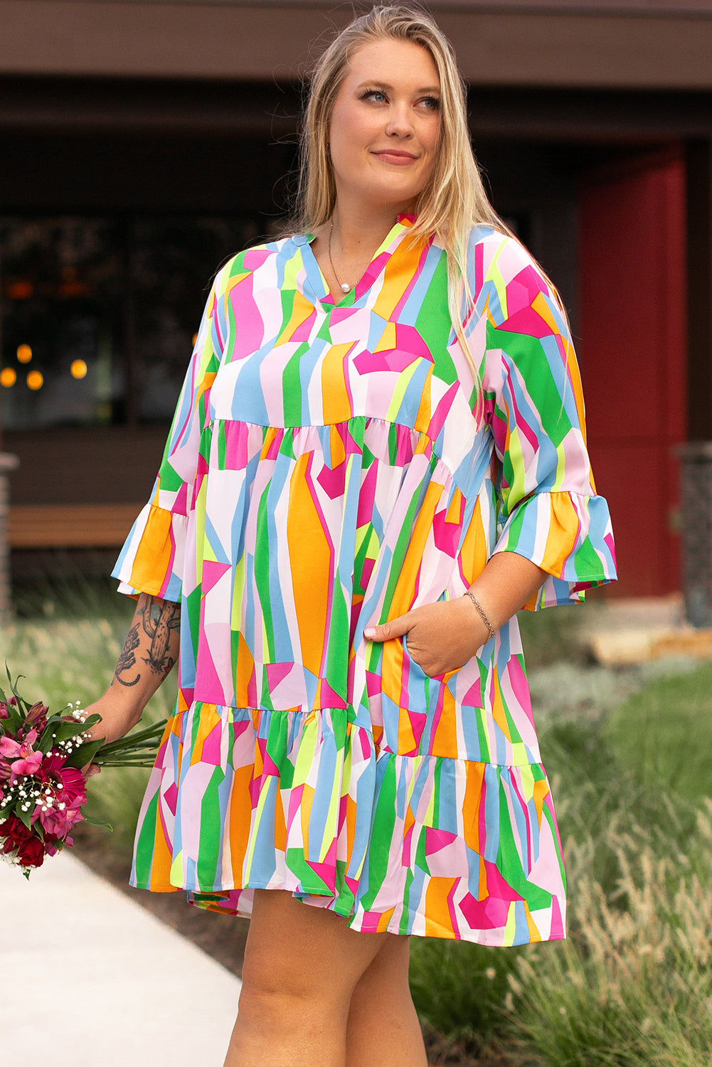 Plus Size Vibrant Abstract Print Tiered Ruffled Mini Dress