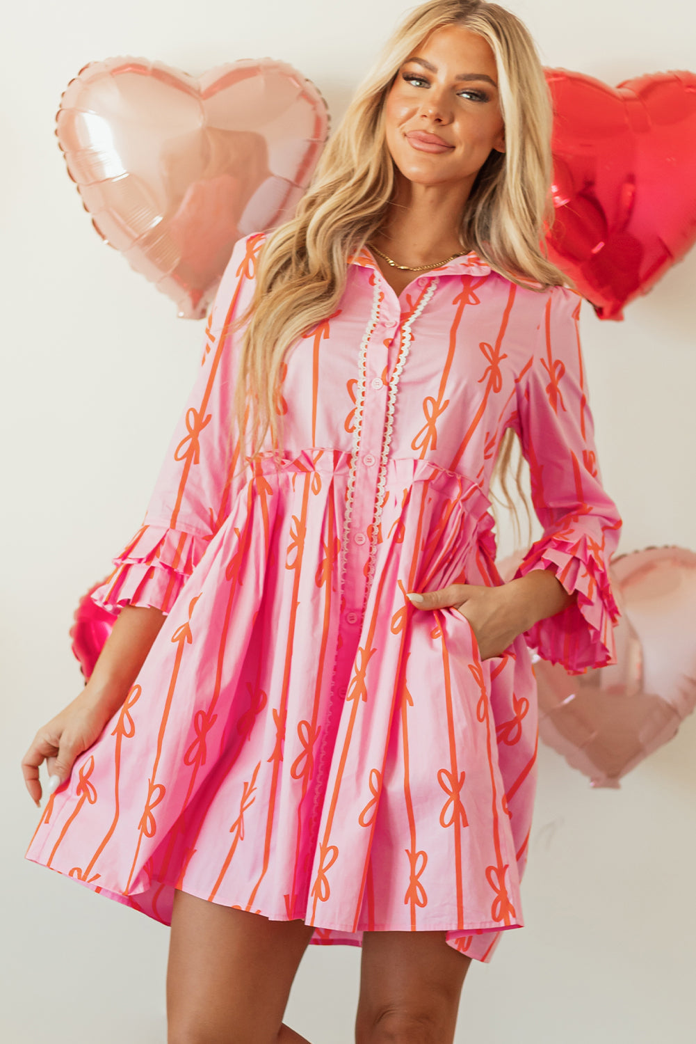 Bowknot Striped Printed Tiered Ruffled Mini Shirt Dress