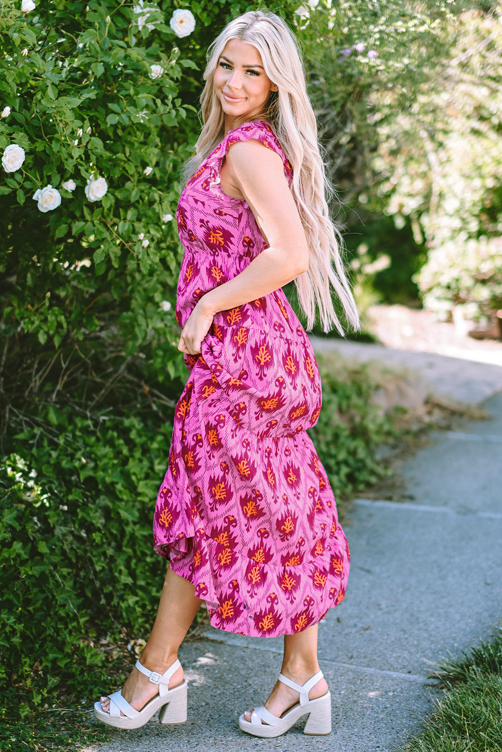 Retro Print Twisted Front Ruffled Sleeve Maxi Dress