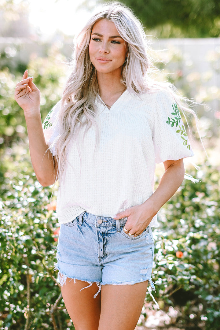 Floral Embroidered Puff Sleeve Notched Neck Blouse