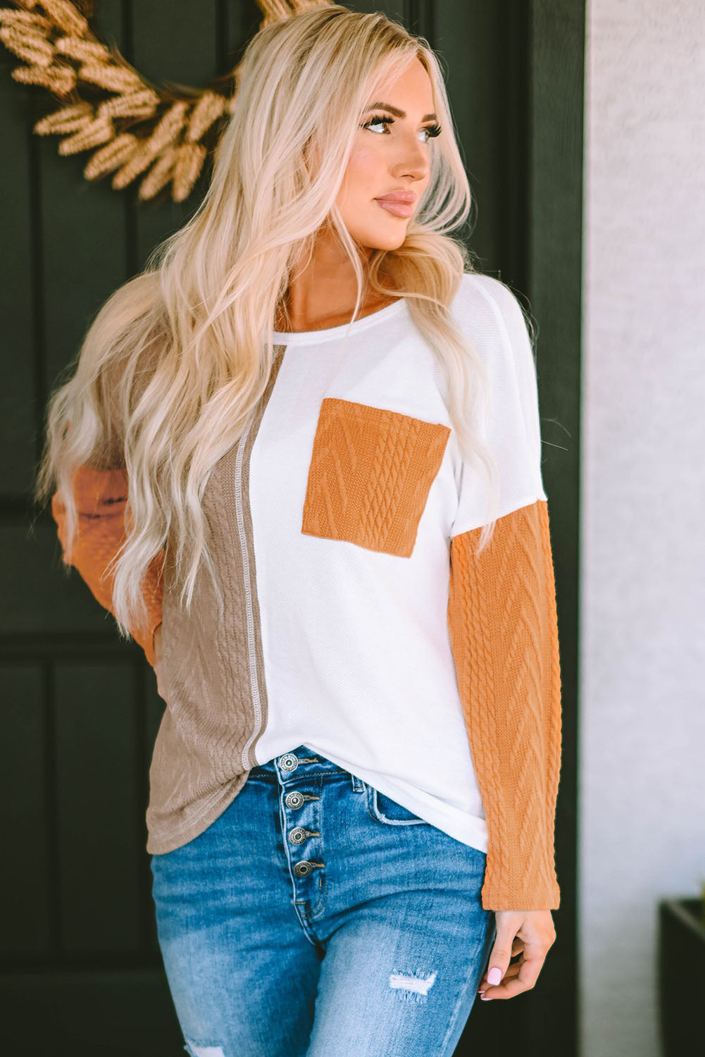 Long Sleeve Colorblock Chest Pocket Textured Knit Top