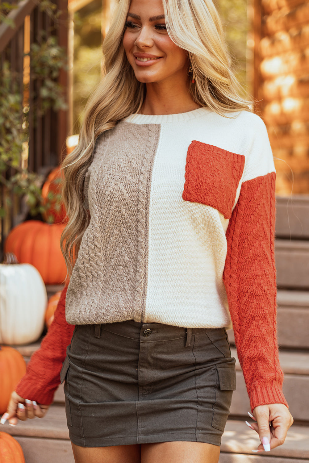 Colorblock Patched Pocket Drop Shoulder Sweater