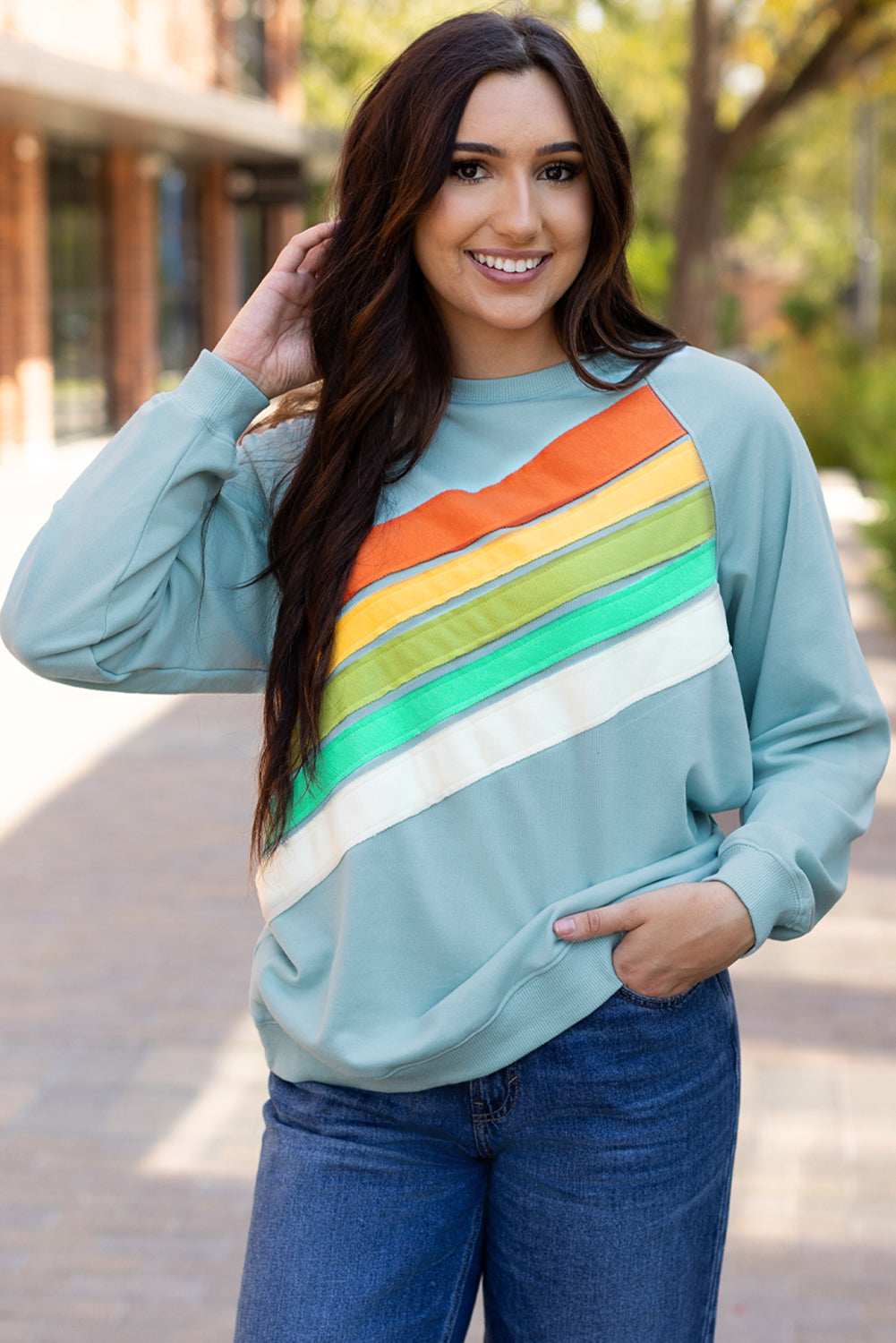 Rainbow Colorblock Striped Pullover Sweatshirt