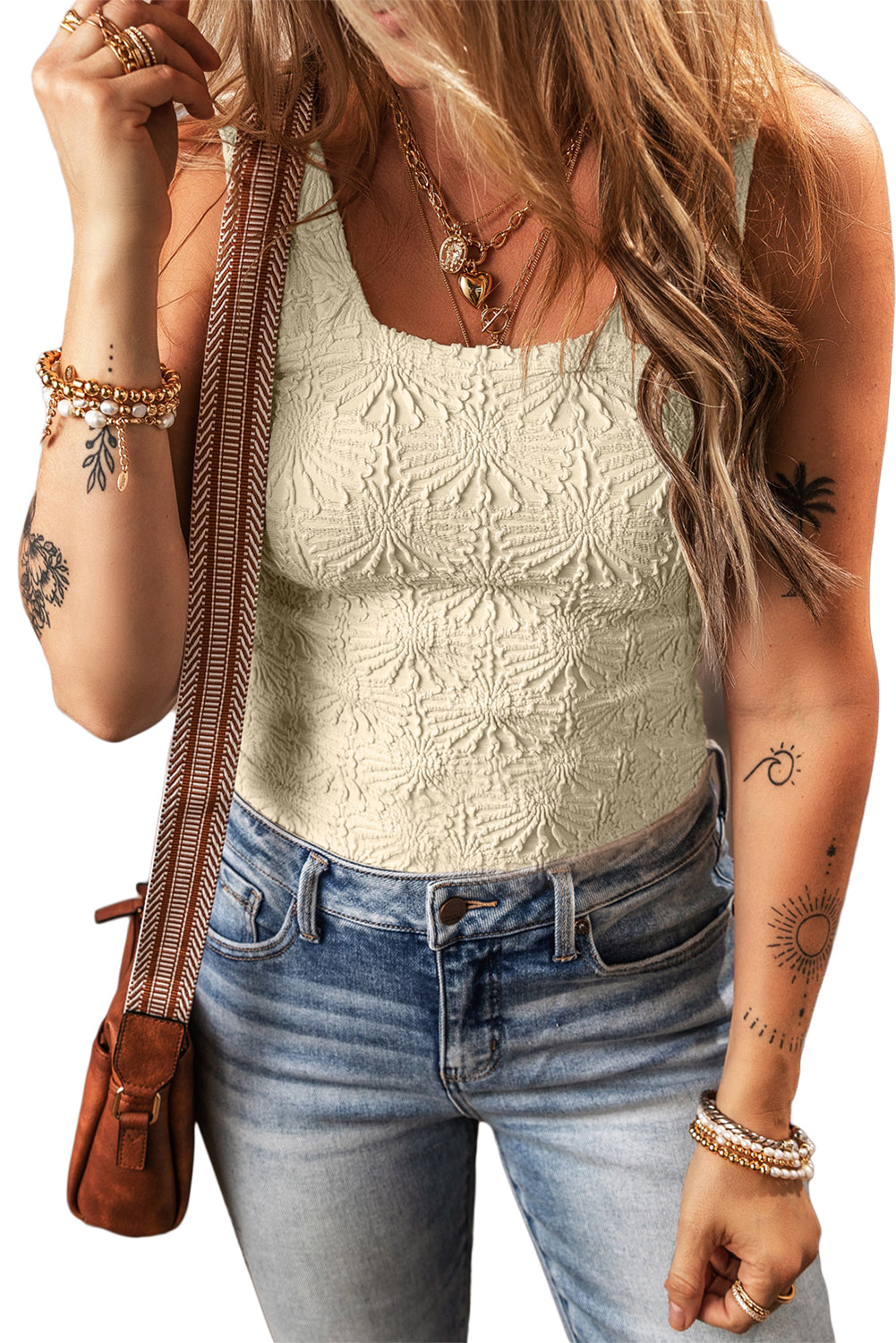 Floral Jacquard Square Neck Tank Top