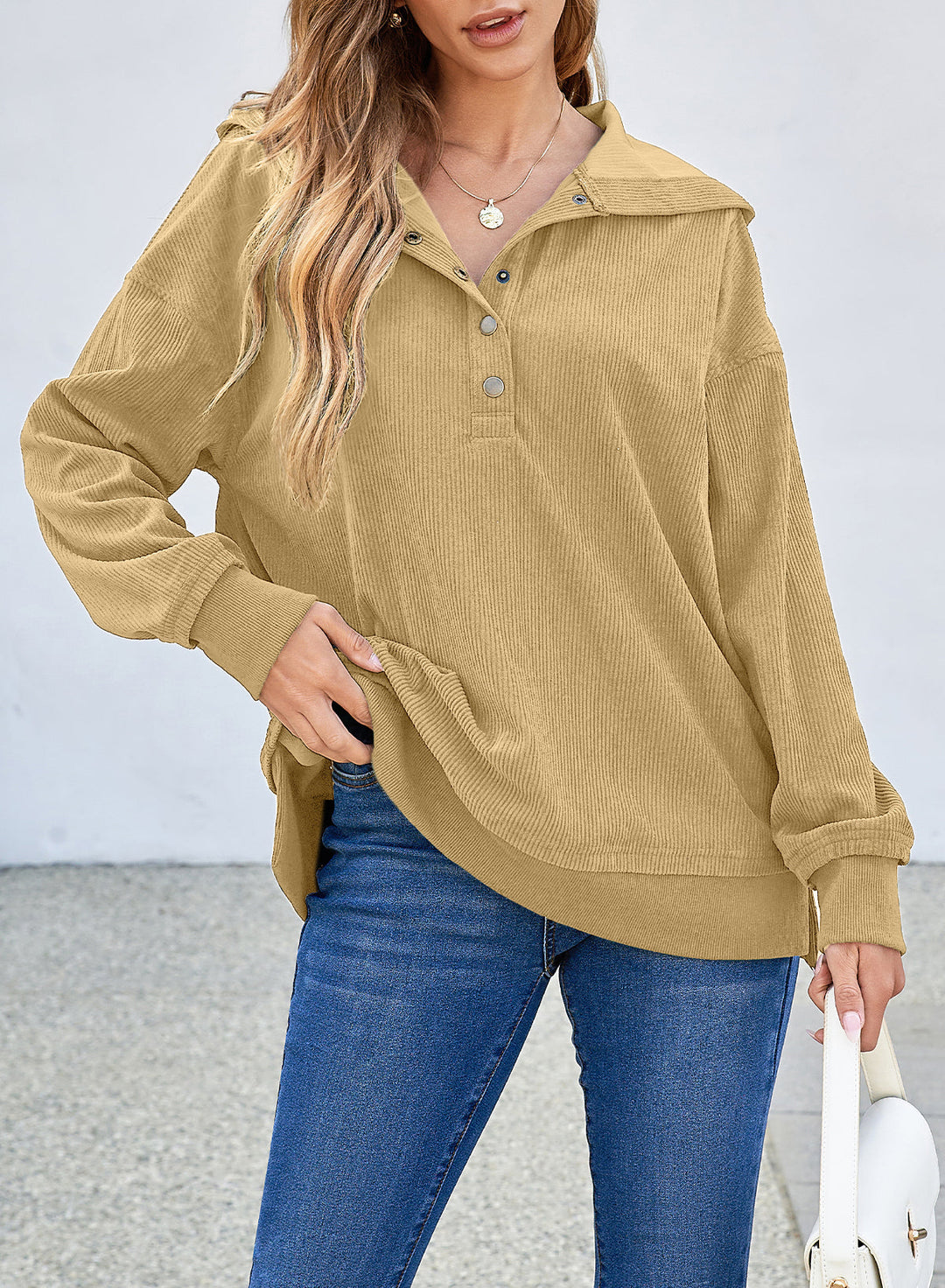 Solid Ribbed Knit Buttoned Drop Shoulder Oversized Hoodie