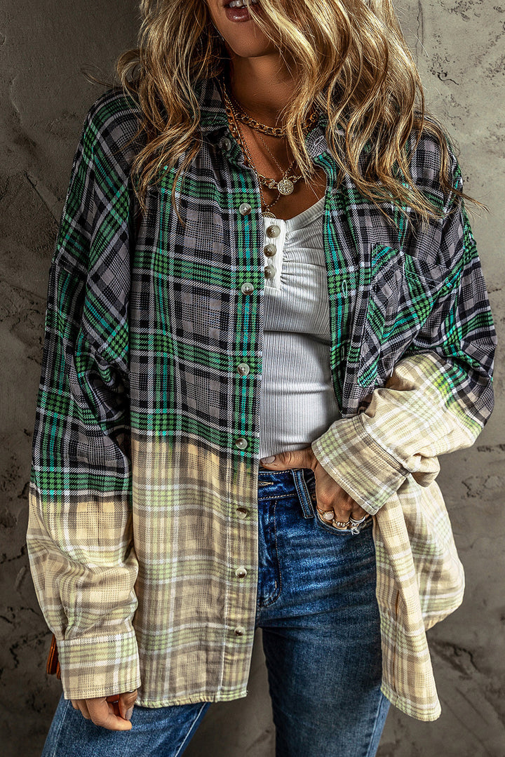 Contrast Plaid Patchwork Chest Pocket Button up Shacket