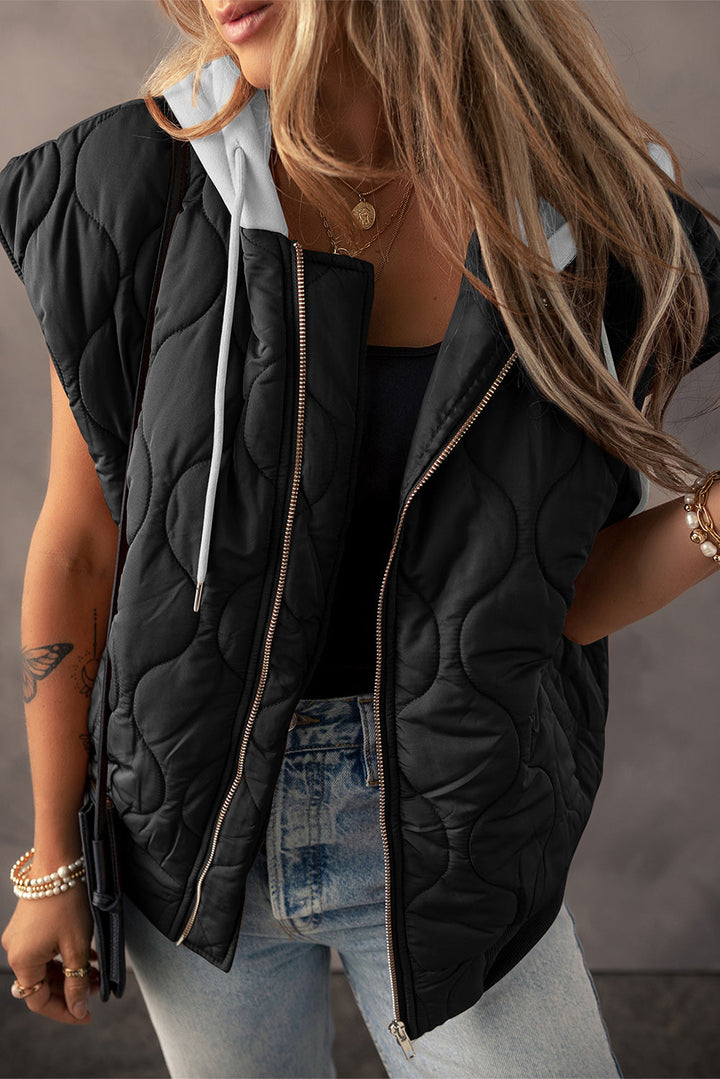 Quilted Drawstring Hooded Zip Up Puffer Vest