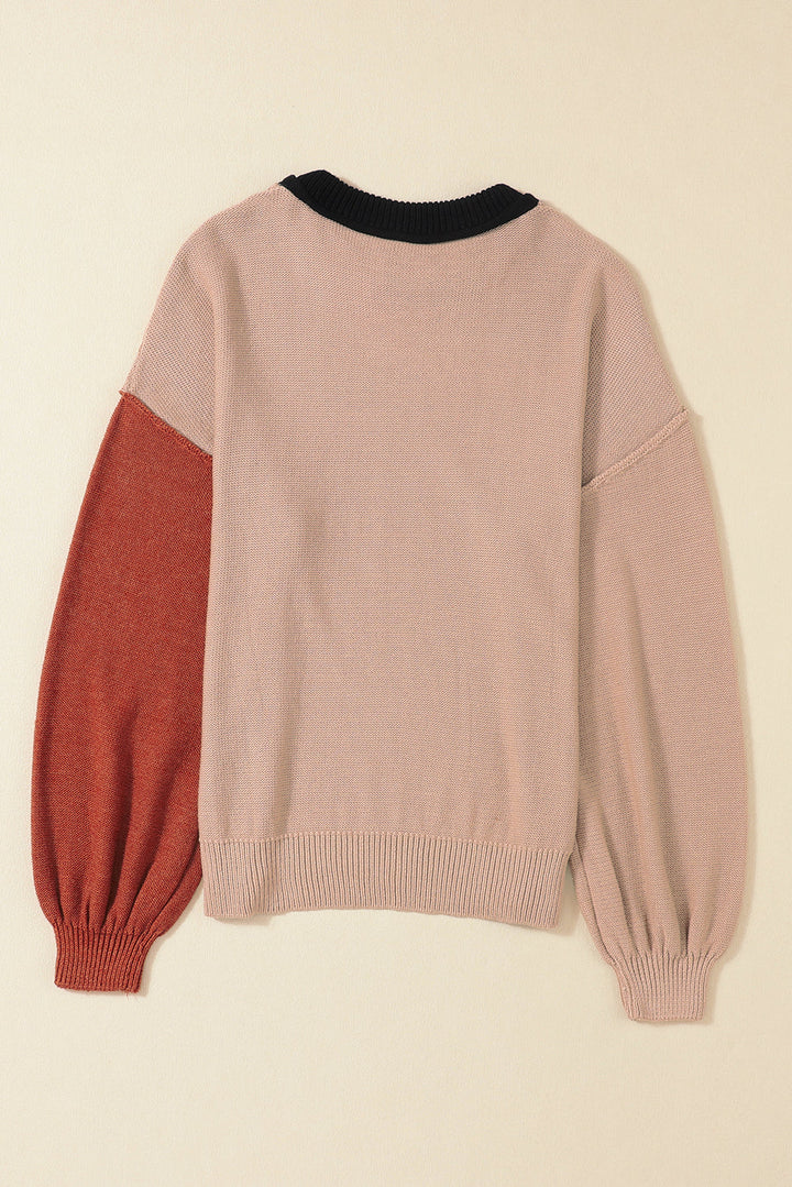 Colorblock Bishop Sleeve Ribbed Trim Sweater