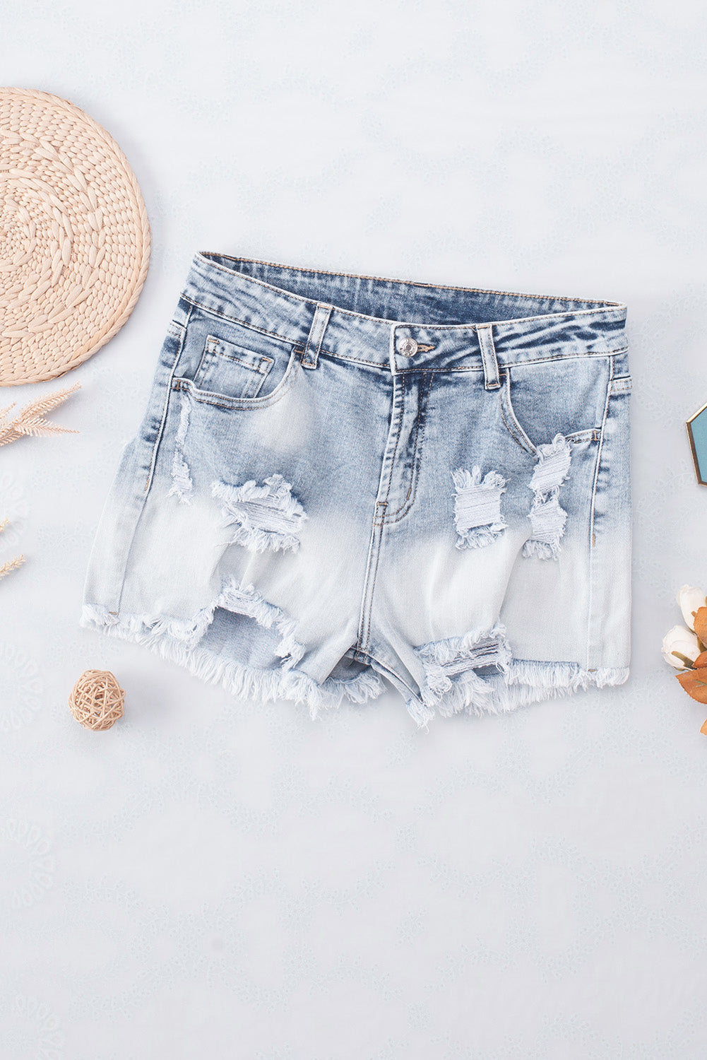 Sky Blue Bleached Wash Distressed Denim Shorts