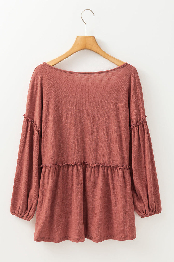 Solid Color Textured Frilled Trim V Neck Puff Sleeve Blouse