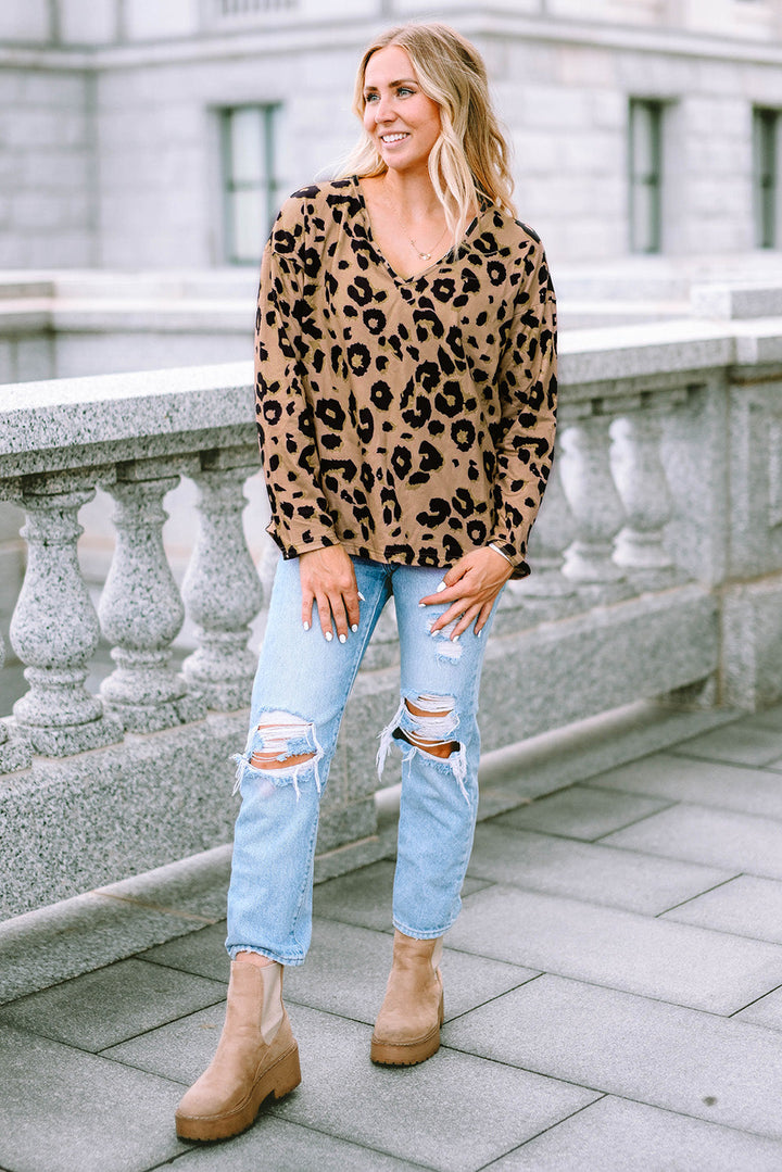 Leopard Split Joint V Neck Long Sleeve Tops