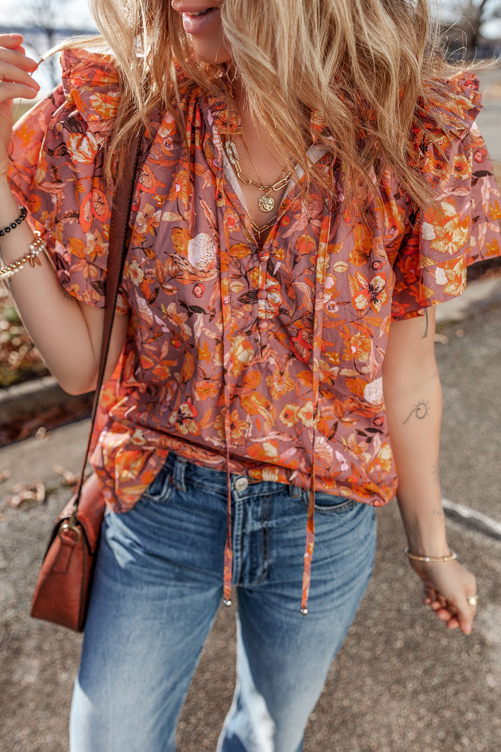 Floral Print Ruffled Flutter Sleeve Frilled V Neck Blouse