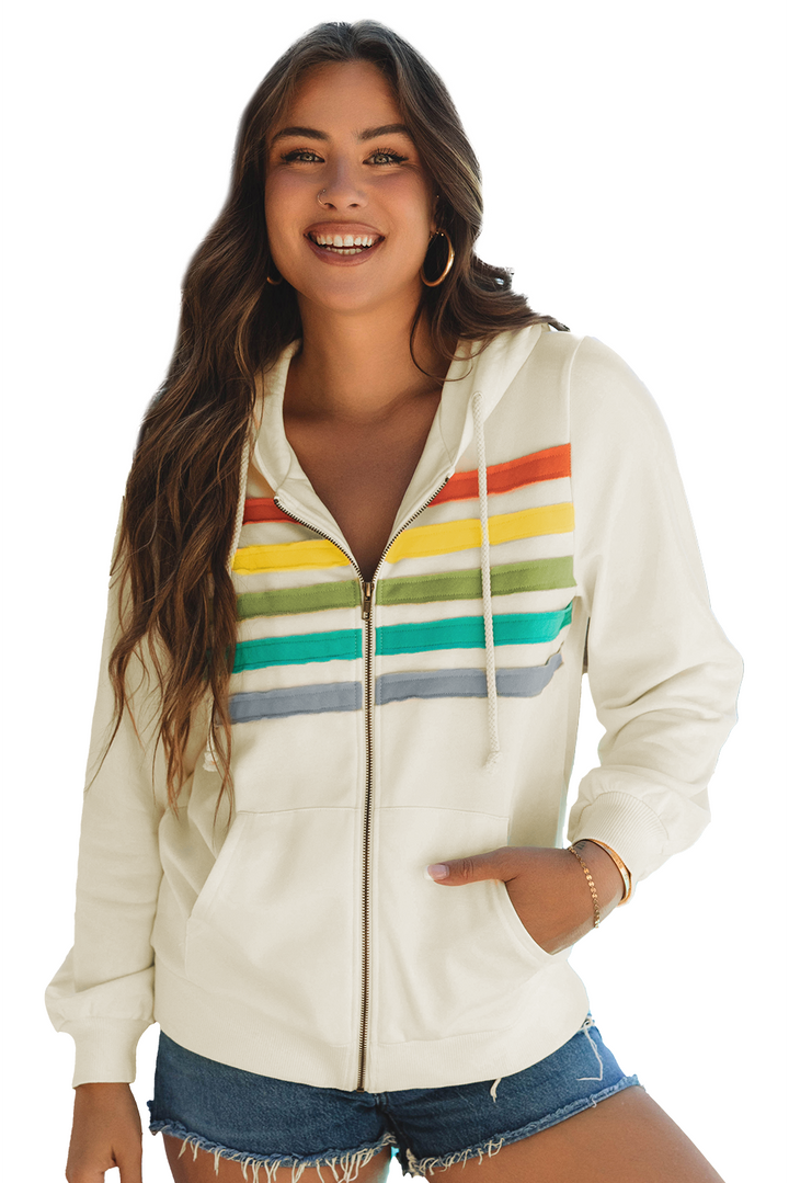 Colorblock Striped Patchwork Side Pockets Zipper Hoodie