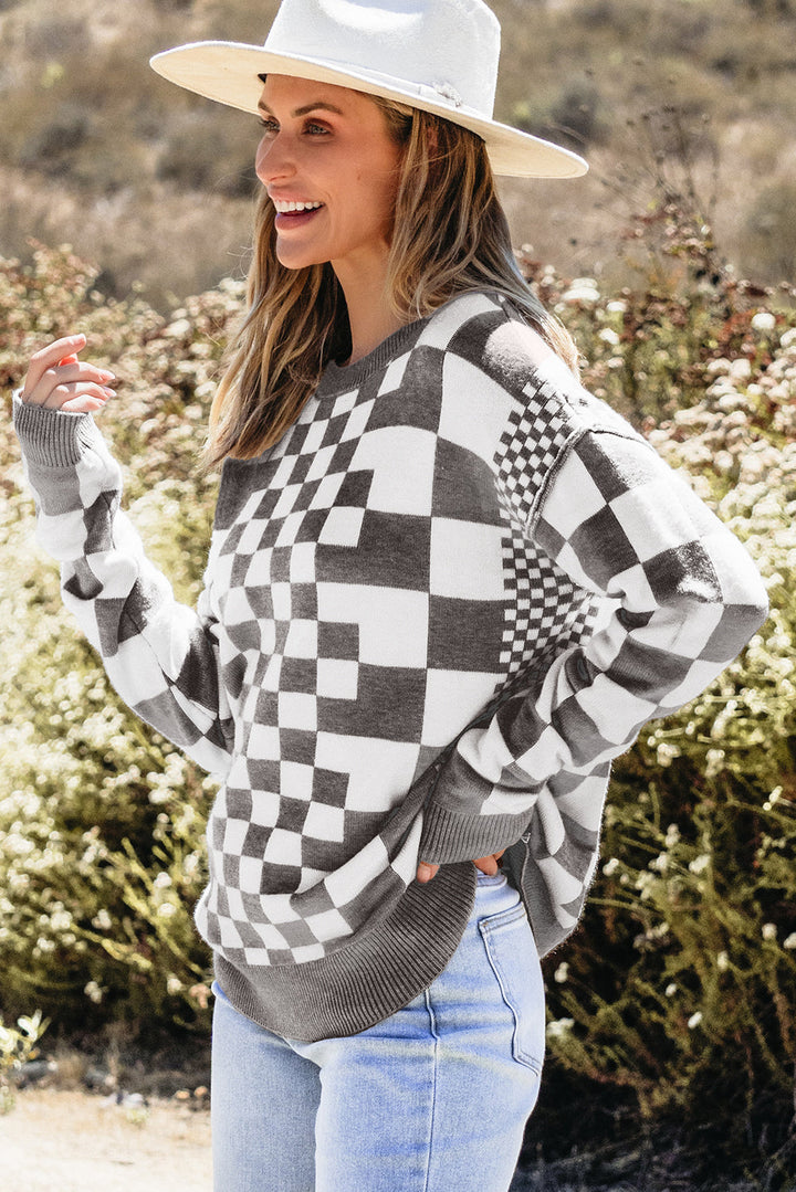 Checkered Print Drop Shoulder Round Neck Sweater