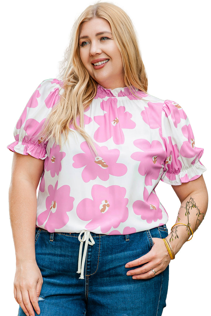 Floral Ruffled Mock Neck Puff Sleeve Plus Size Blouse