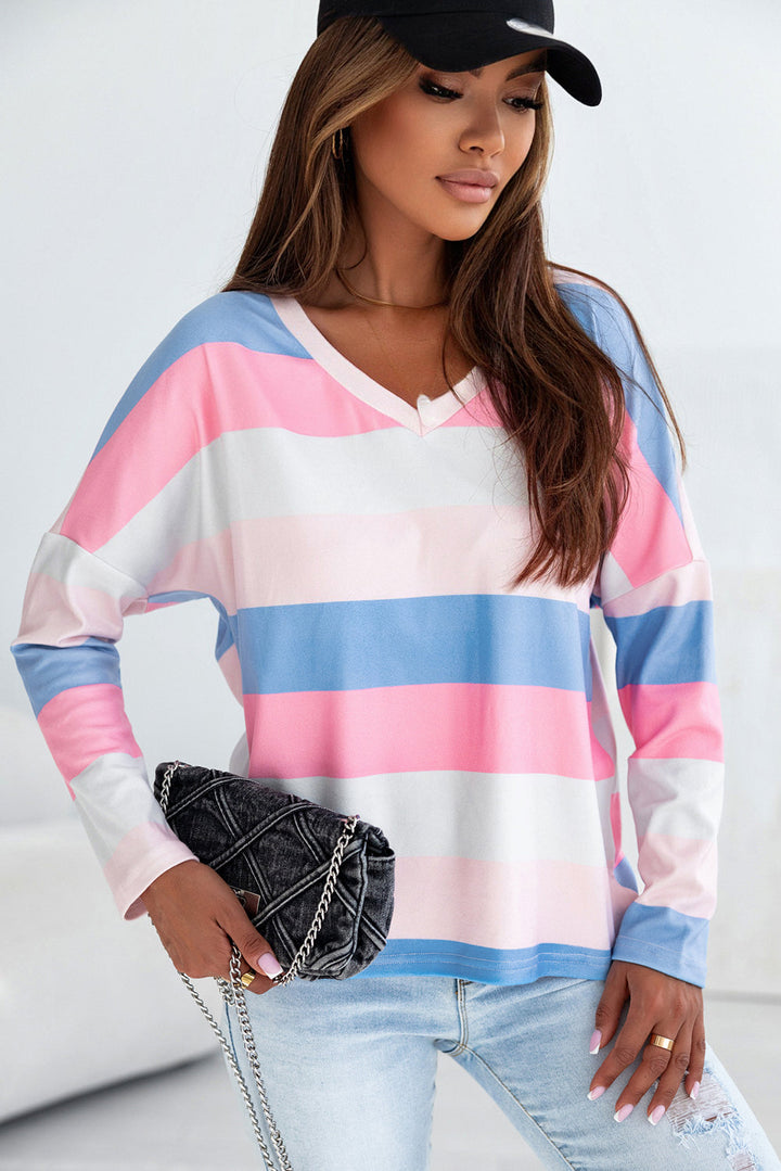 Contrast Striped V Neck Long Sleeve Top