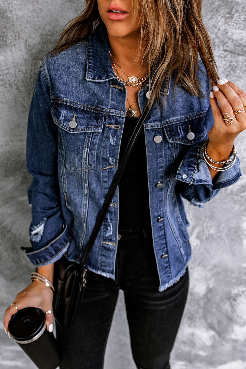 Lapel Distressed Raw Denim Jacket