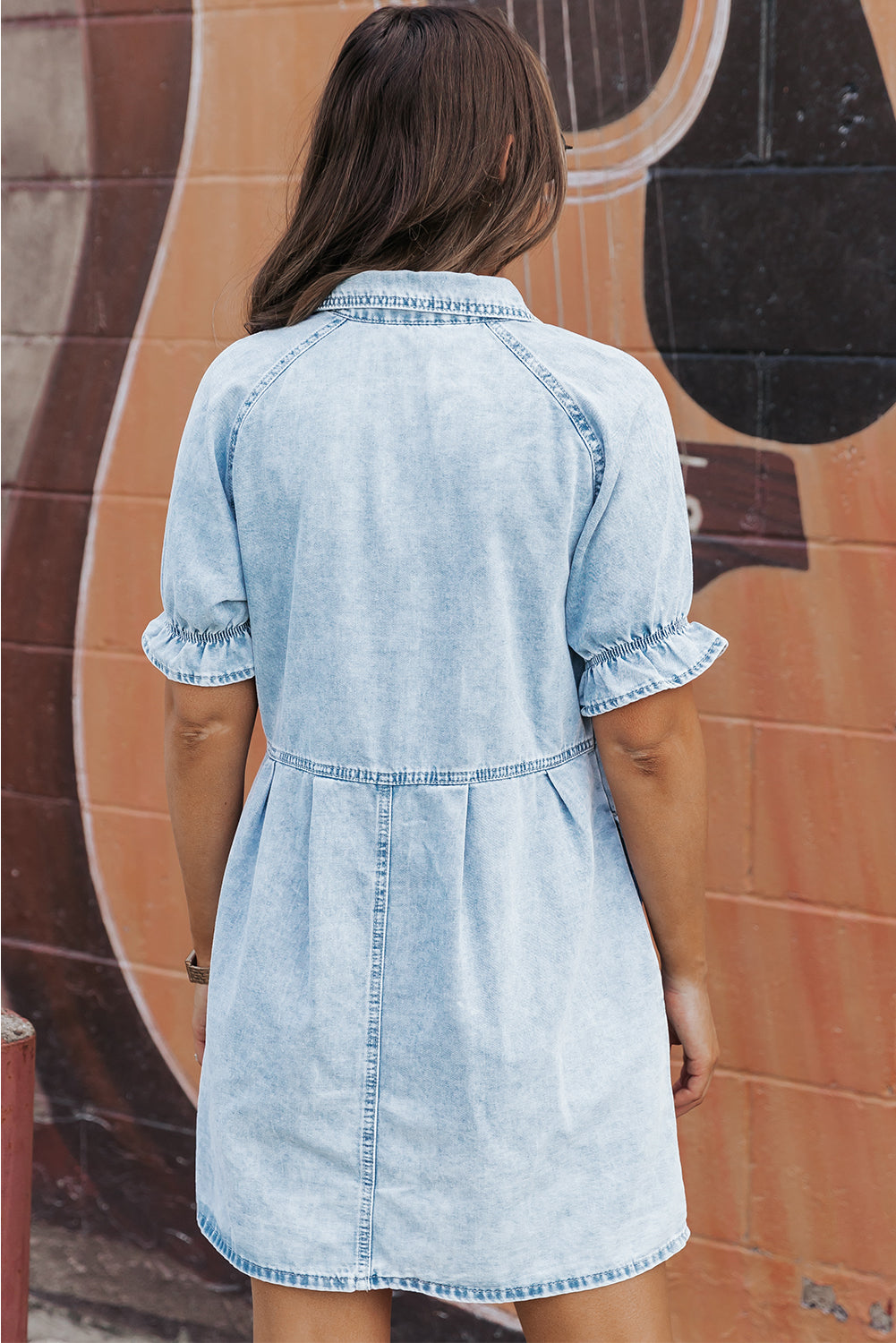 Mineral Wash Ruffled Short Sleeve Buttoned Denim Dress