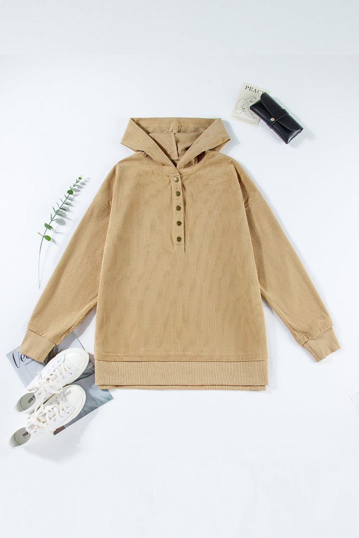 Solid Ribbed Knit Buttoned Drop Shoulder Oversized Hoodie