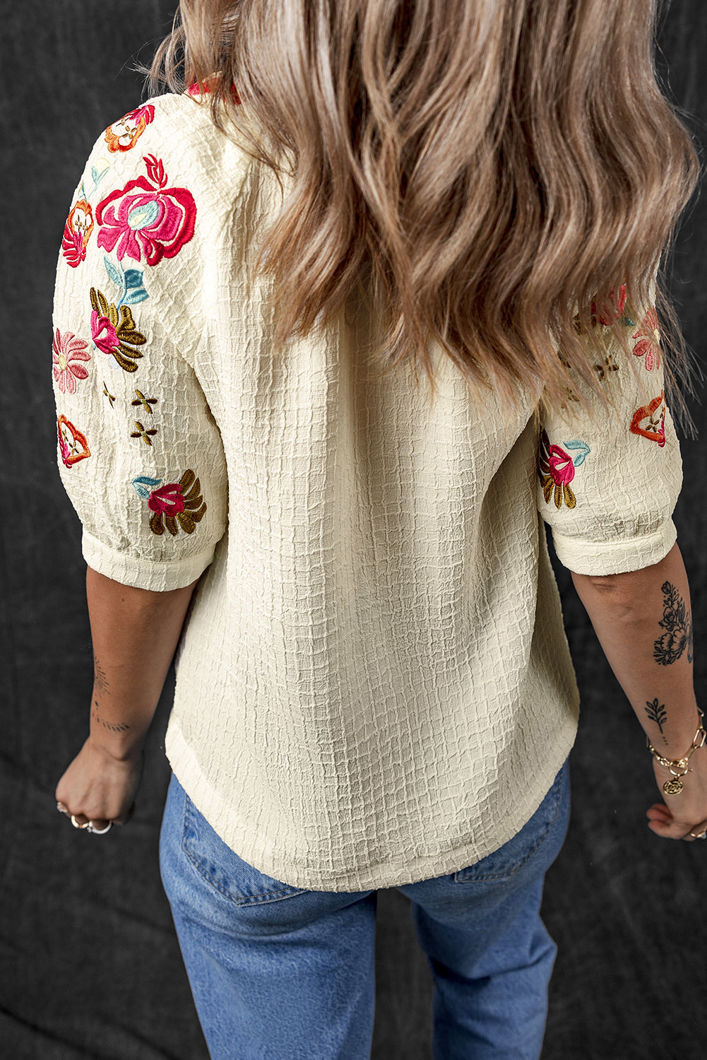 Floral Embroidered Ricrac Puff Sleeve Textured Blouse