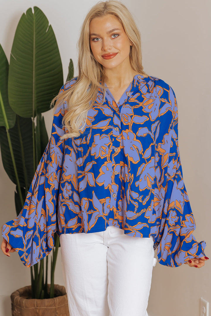 Floral Print Batwing Sleeve Buttoned Loose Fit Shirt