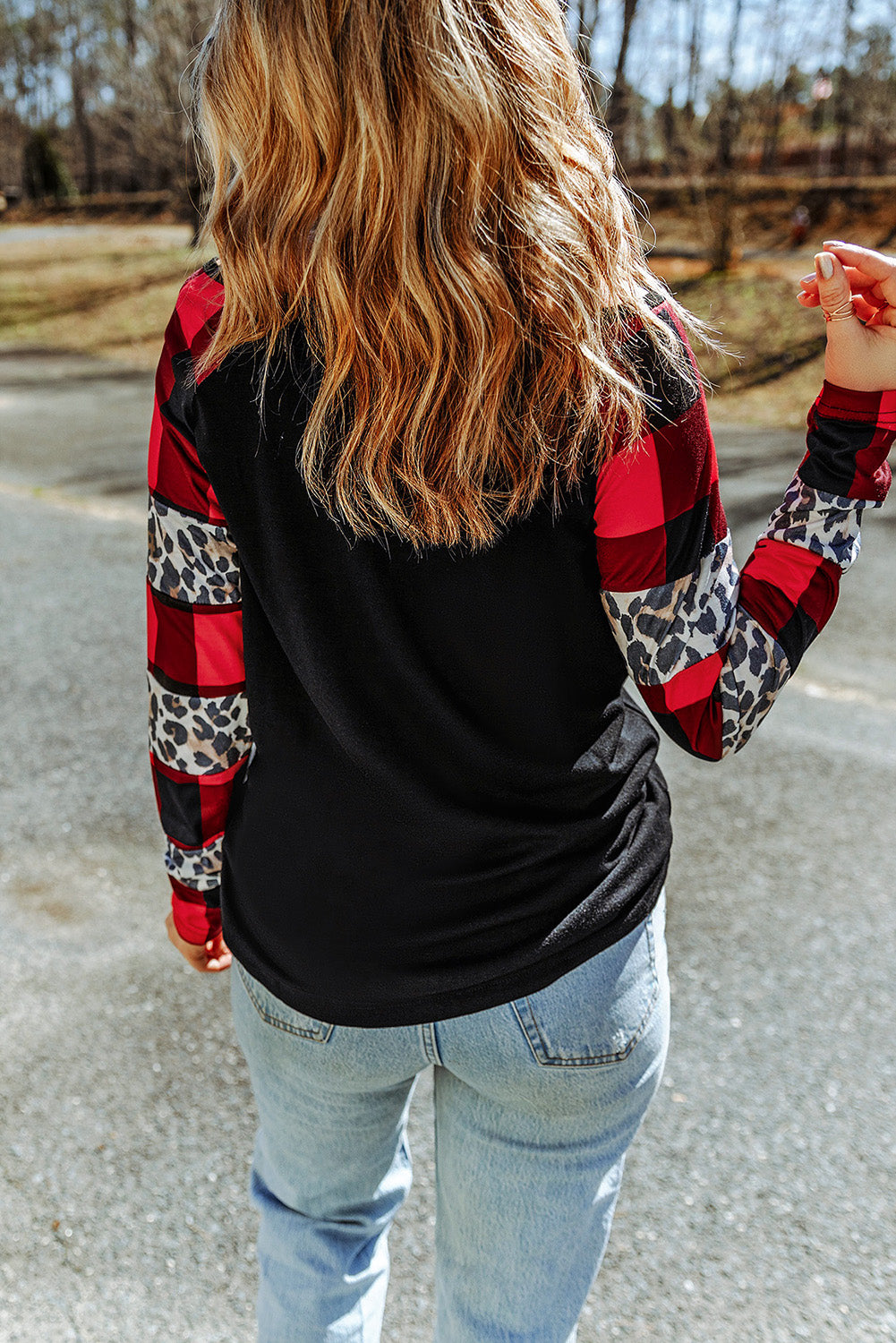 Off Shoulder Plaid&Leopard Print Long Sleeve Top