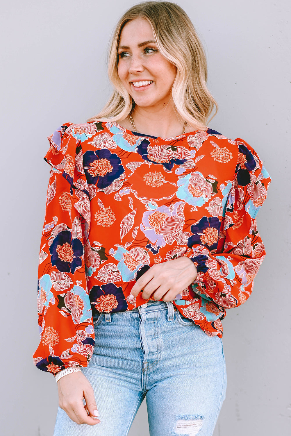 Floral Print Ruffle Puff Sleeve Blouse