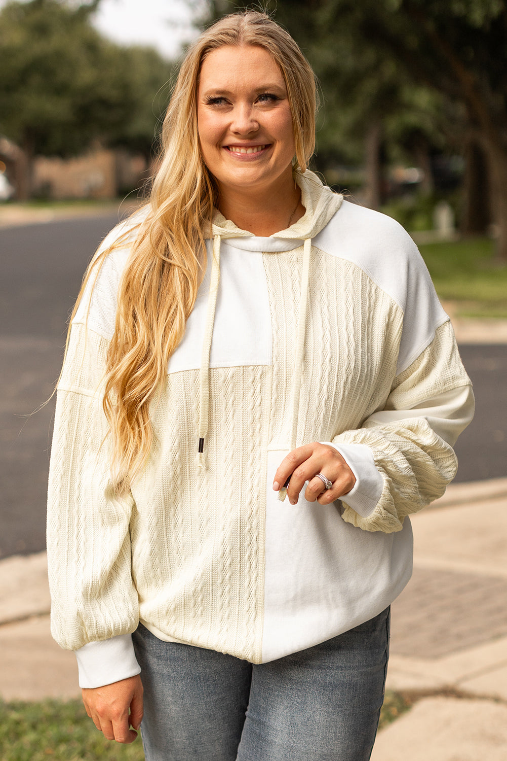 Textured Patchwork Exposed Seam Plus Size Hoodie