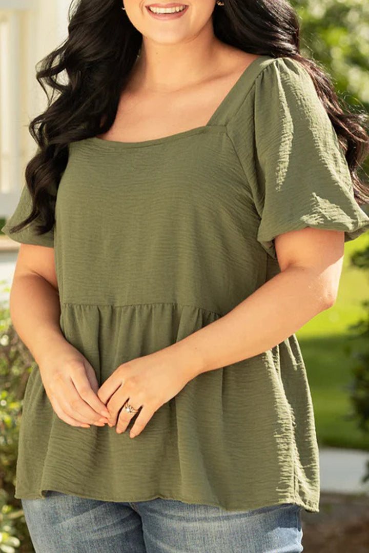 Solid Short Sleeve Square Neck Plus Babydoll Top