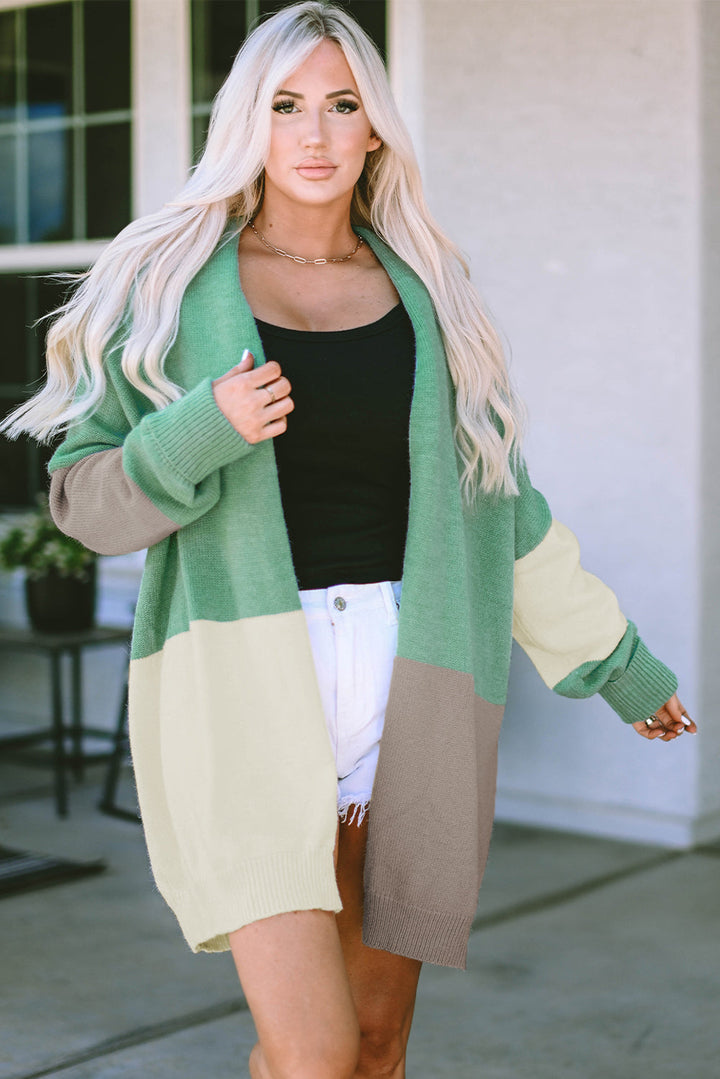 Colorblock Draped Open Front Chunky Cardigan