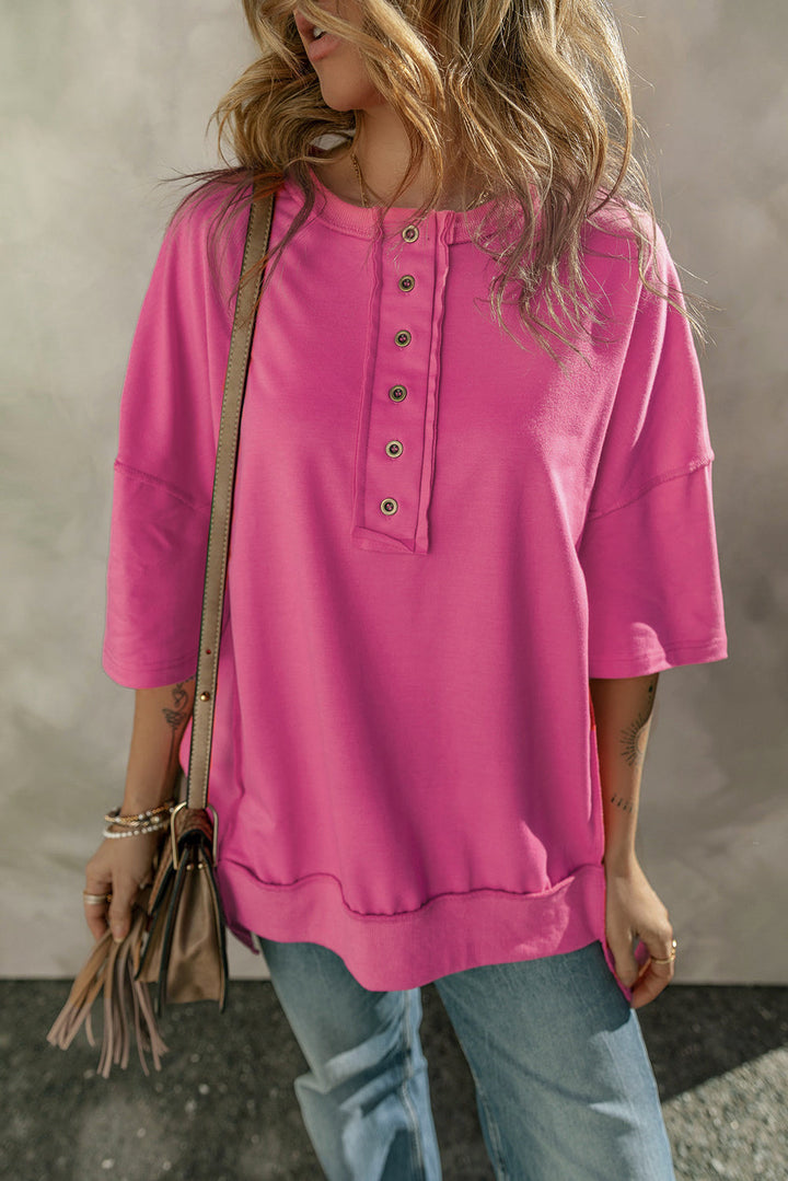 Exposed Seam Button Neck Wide Sleeve Tunic Top