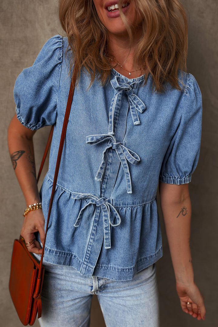 Tied Front Bubble Sleeve Peplum Denim Shirt