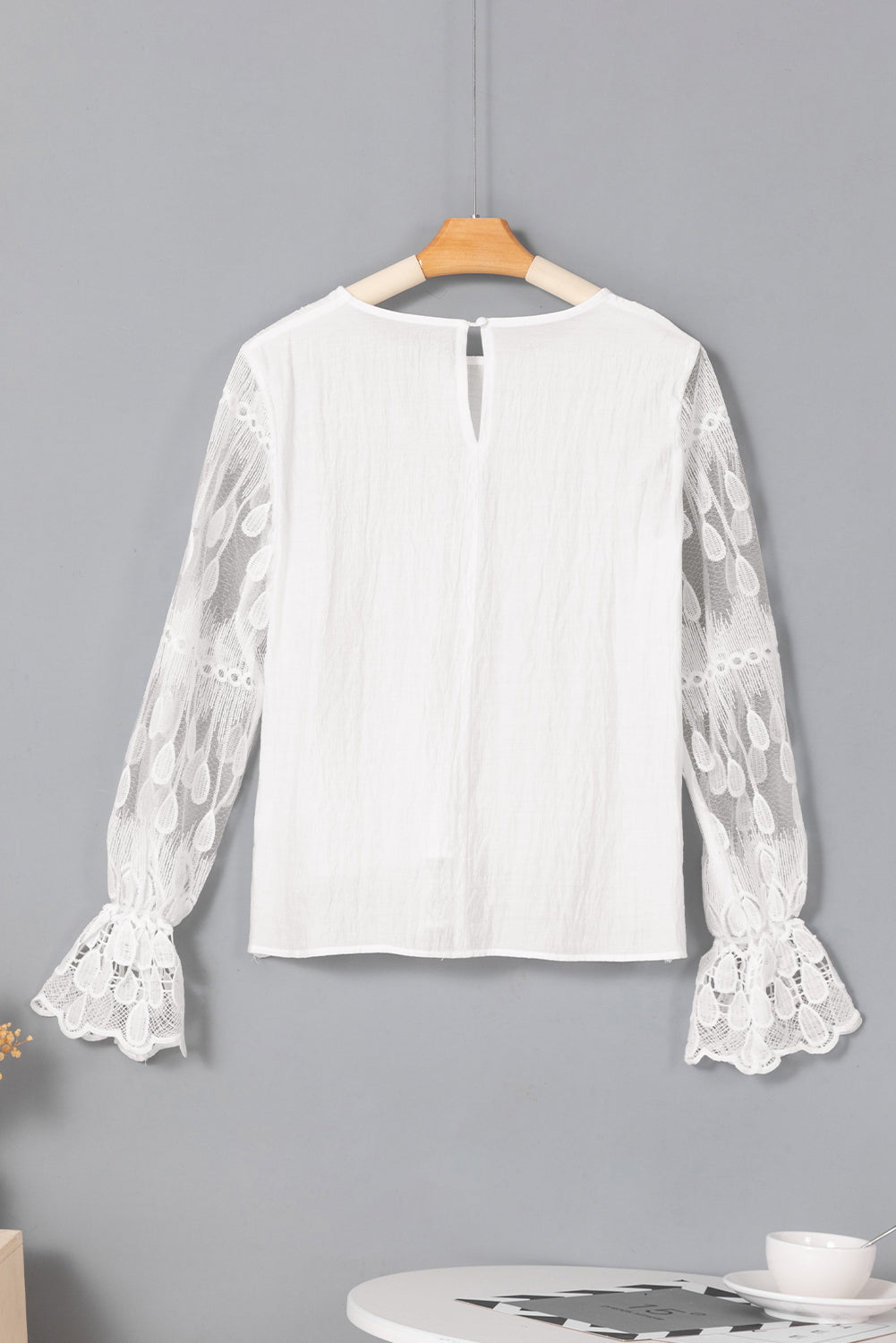 Embroidered Mesh Flounce Sleeve Blouse