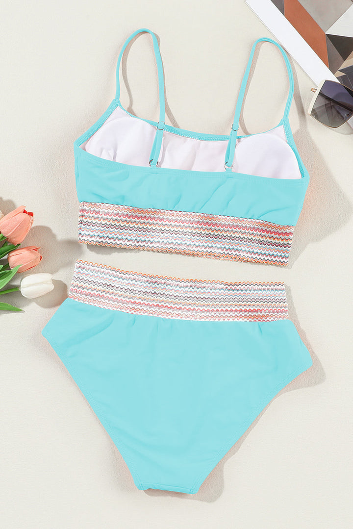 Striped Patchwork Spaghetti Strap High Waist Bikini Swimsuit