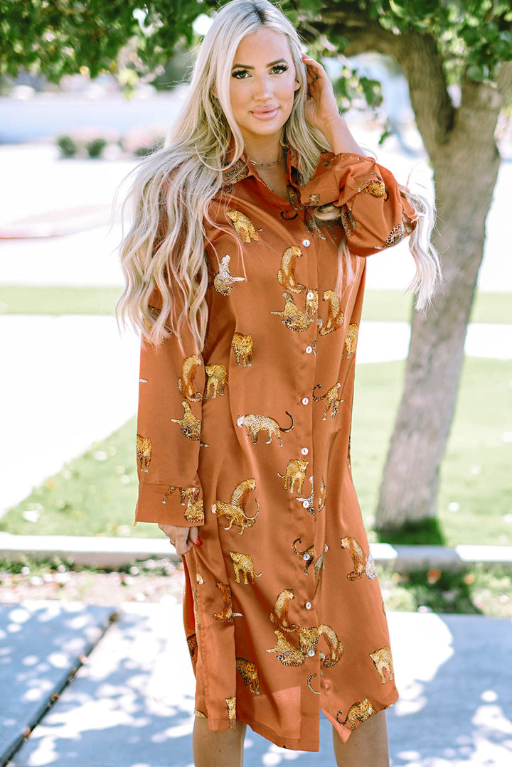 Cheetah Print Button-Up Split Shirt Dress