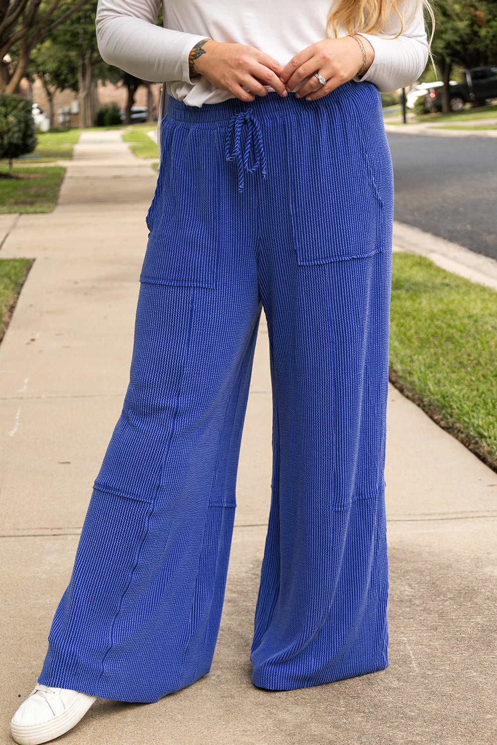 Corded Drawstring High Waist Pocket Plus Size Wide Leg Pants