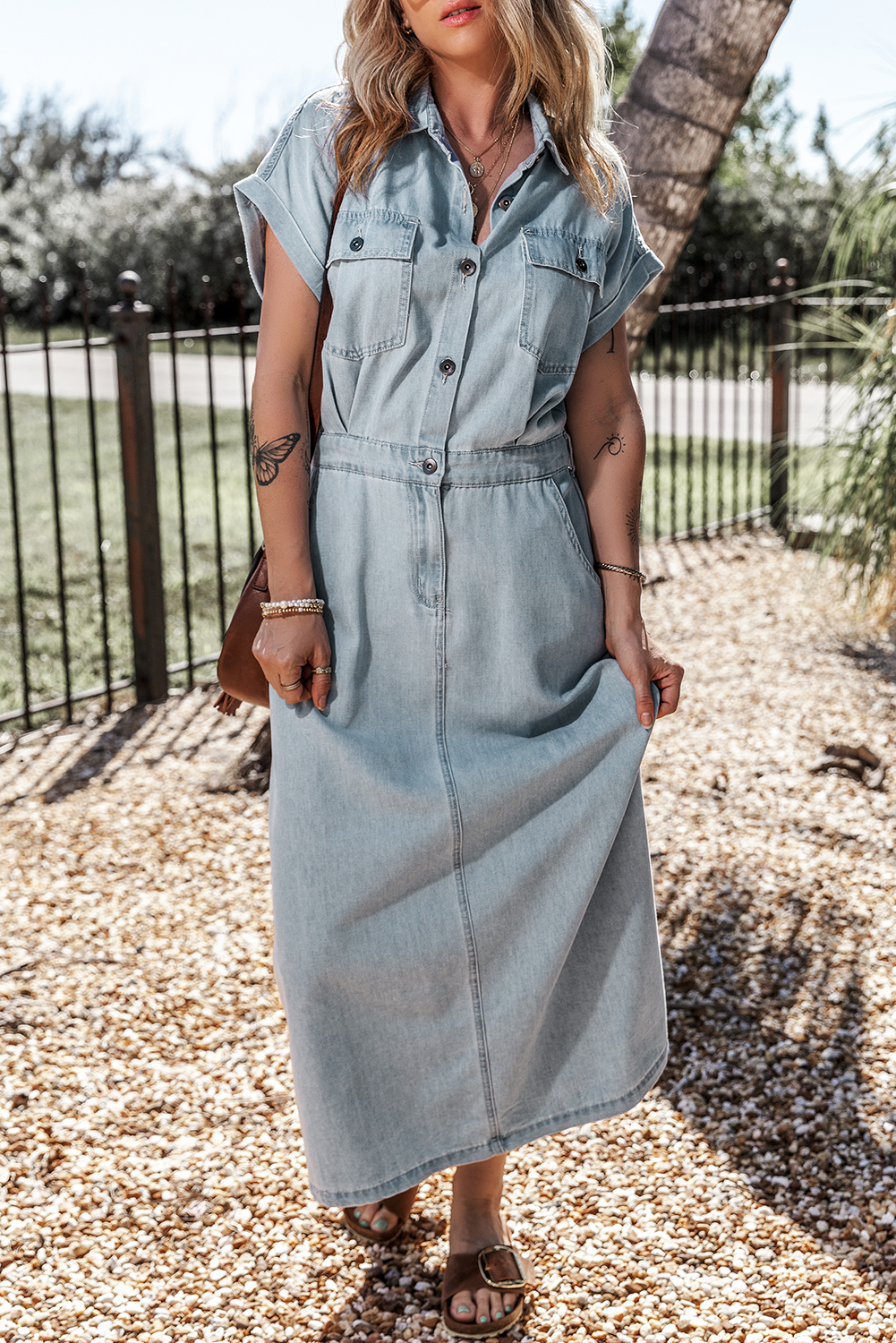 Short Batwing Sleeve Slit Back Denim Dress