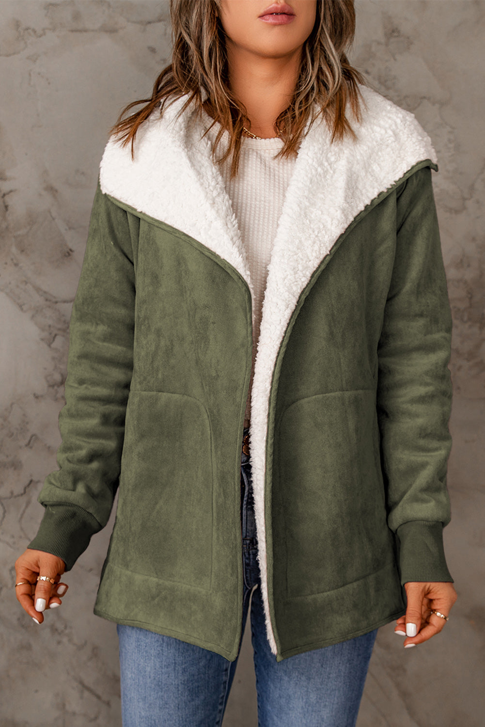 Faux Suede Fleece Lined Open Front Jacket