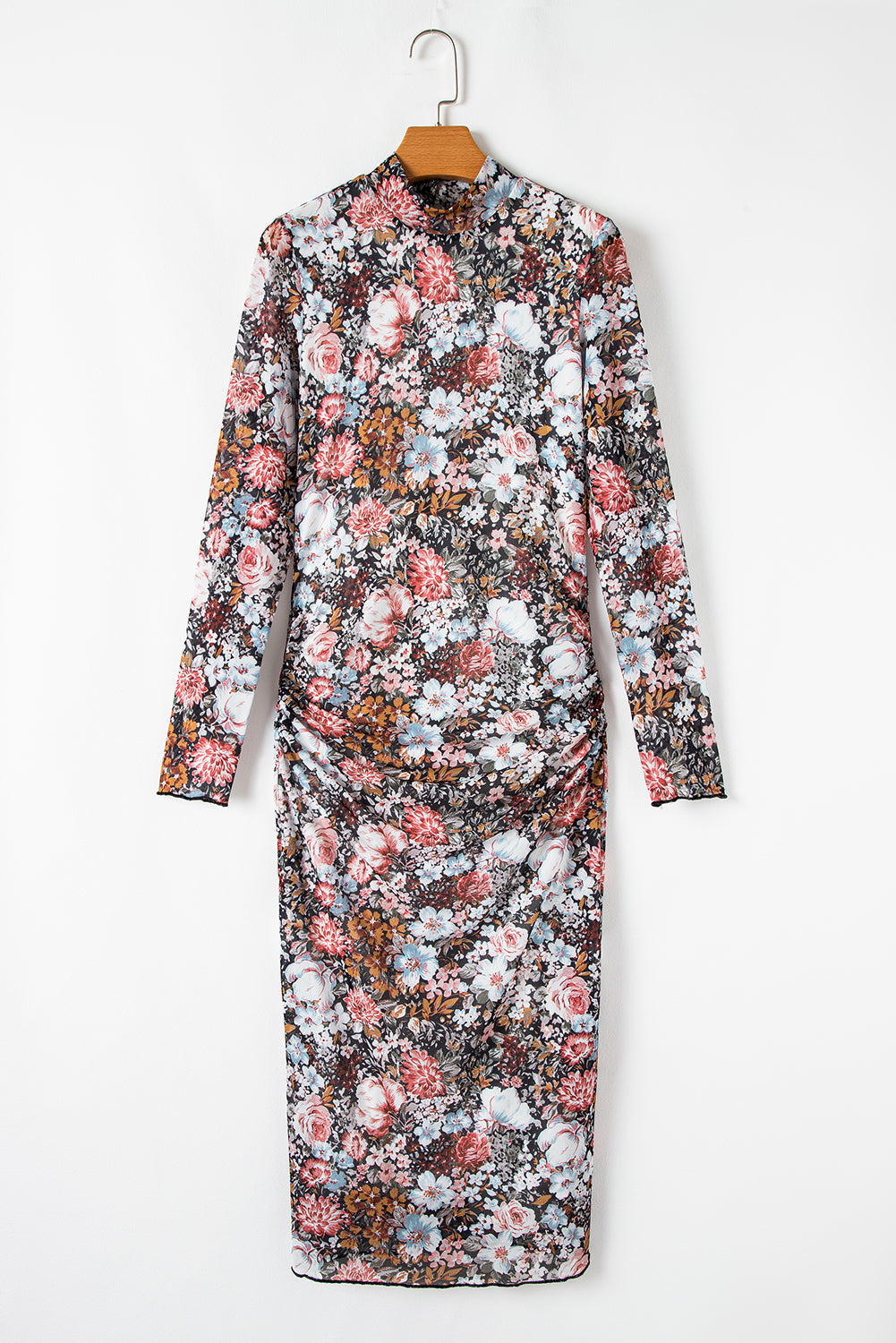 Floral Allover Print Mock Neck Bodycon Long Sleeve Midi Dress