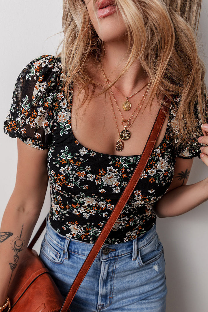 Floral Print U Neck Short Puff Sleeve Bodysuit