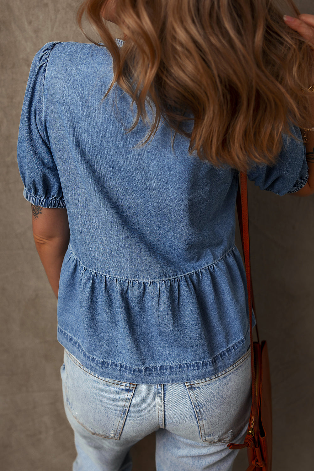 Tied Front Bubble Sleeve Peplum Denim Shirt