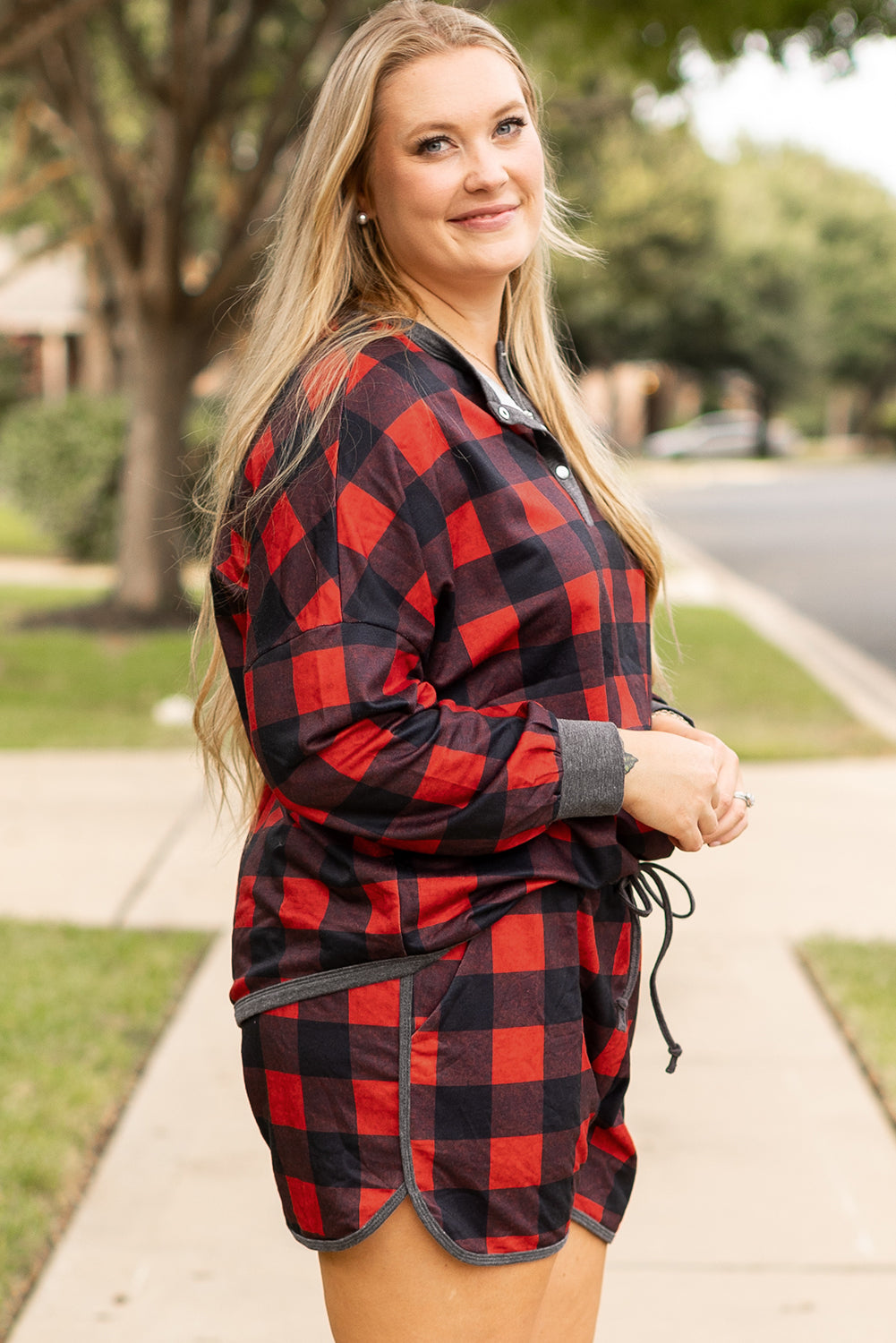 Christmas Buffalo Print Henley Top and Shorts Plus Size Set