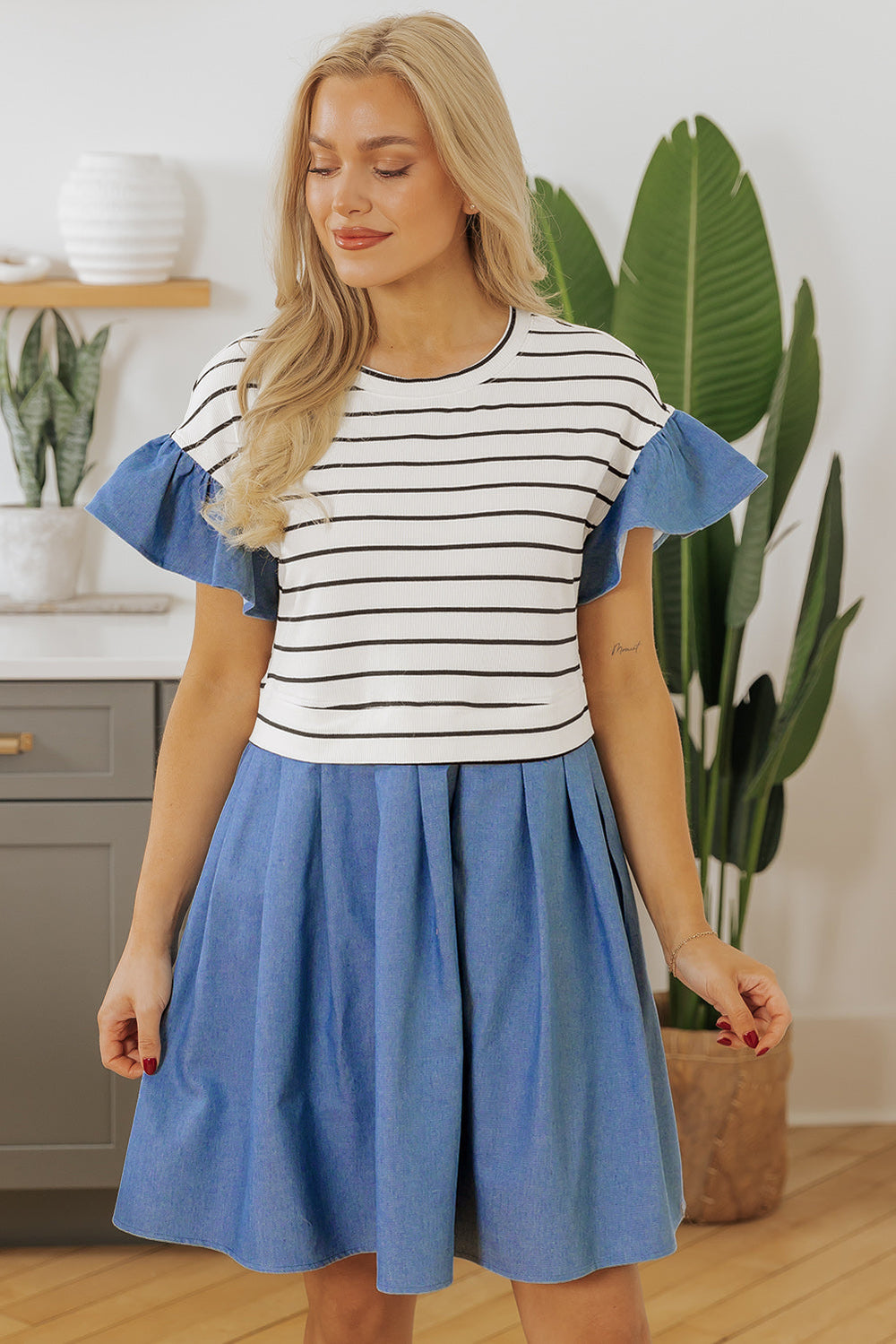 Ruffle Denim Patchwork Round Neck Mini Dress