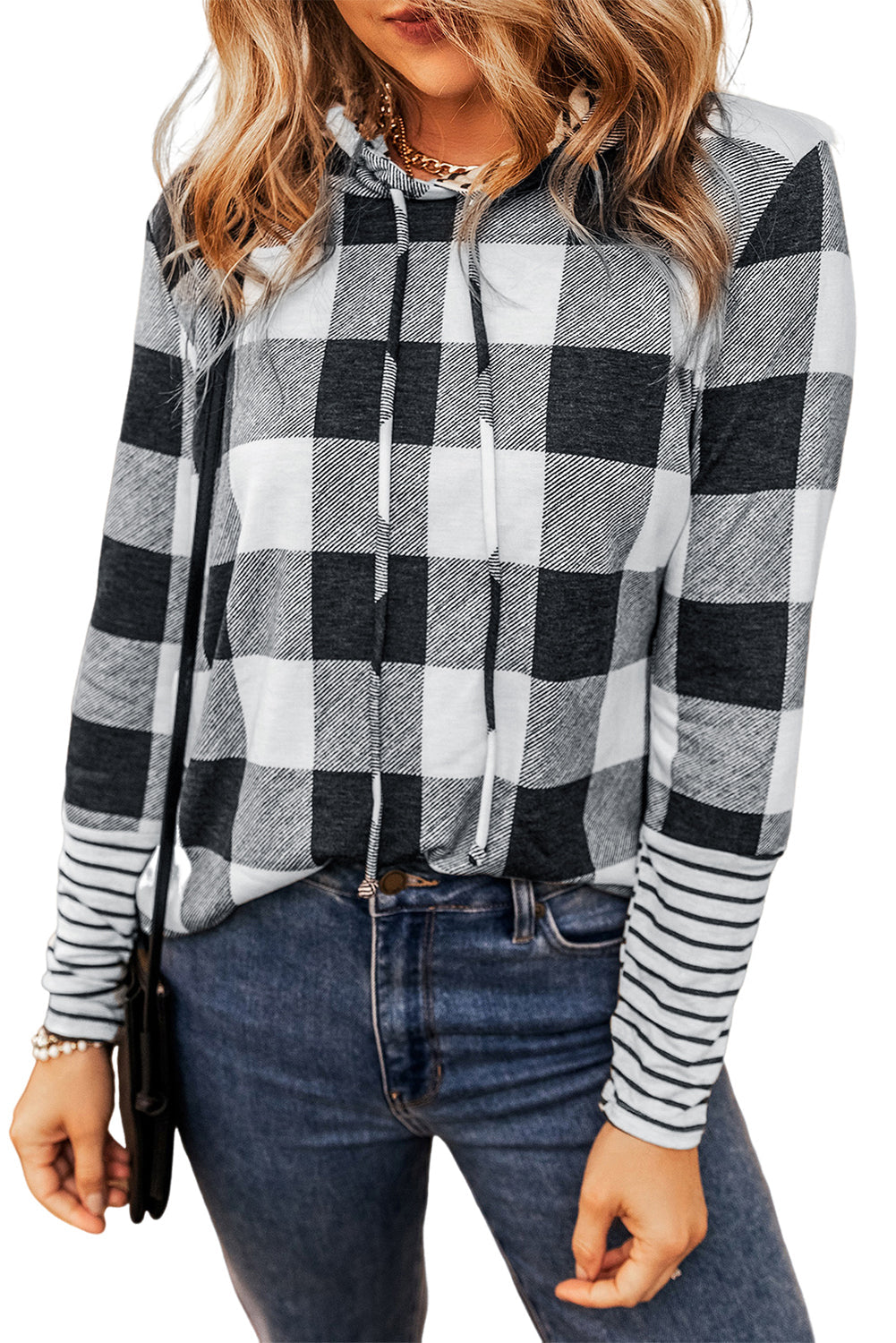 Plaid Striped Patchwork Drawstring Hoodie