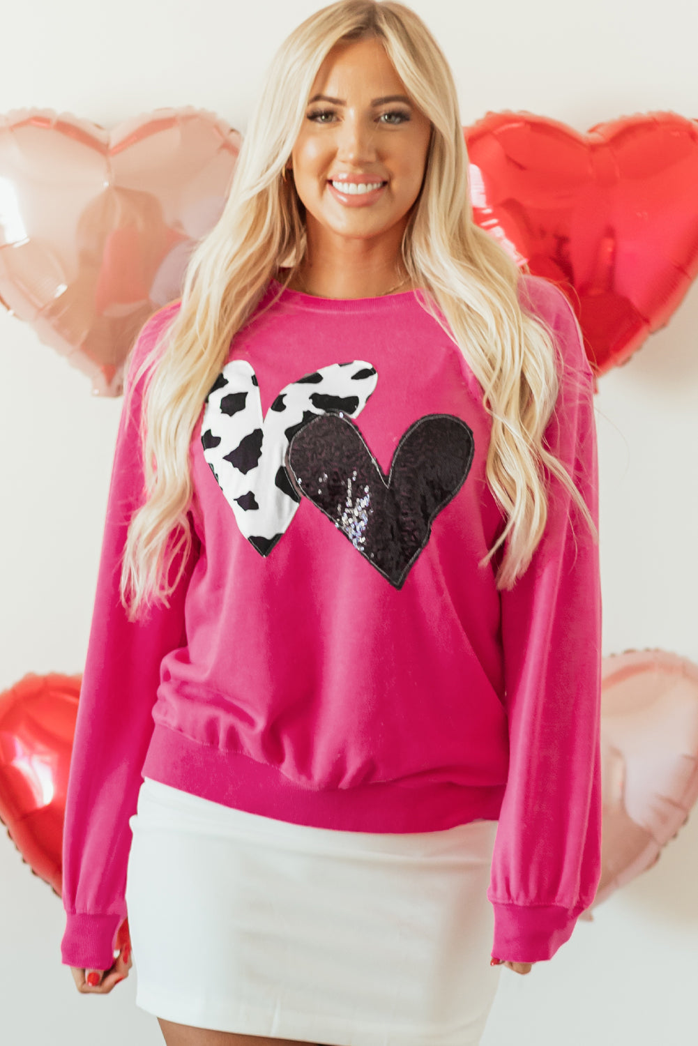 Cow & Sequin Double Heart Patch Graphic Sweatshirt