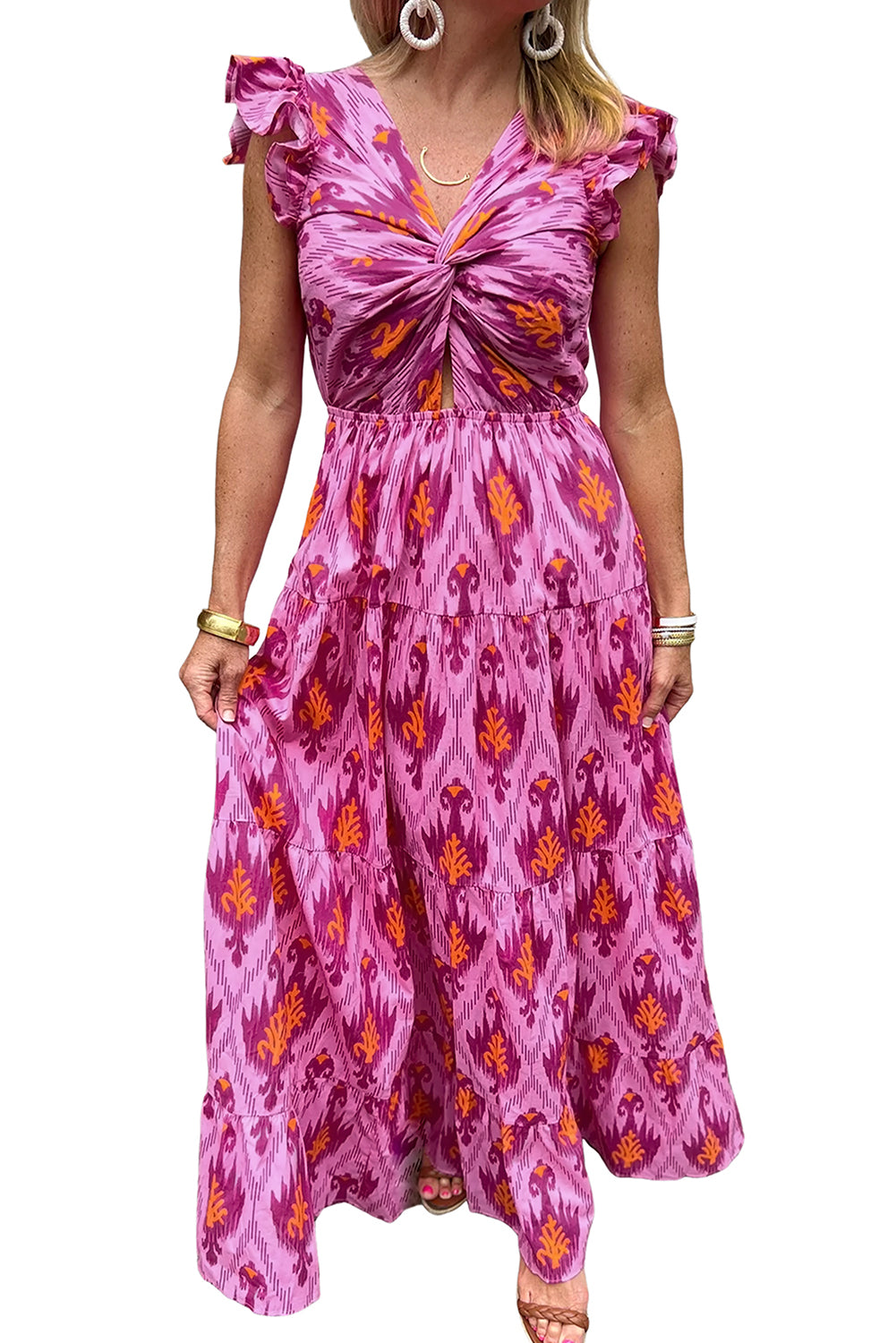 Retro Print Twisted Front Ruffled Sleeve Maxi Dress