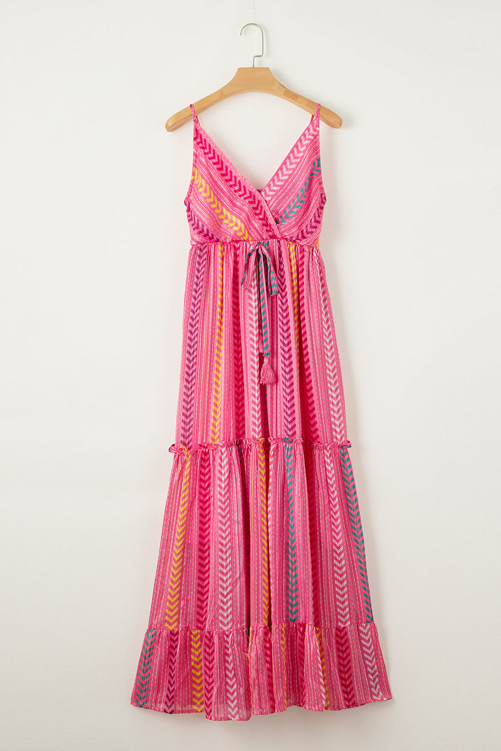 Western Printed Tassel Tie V Neck Wrap Maxi Dress