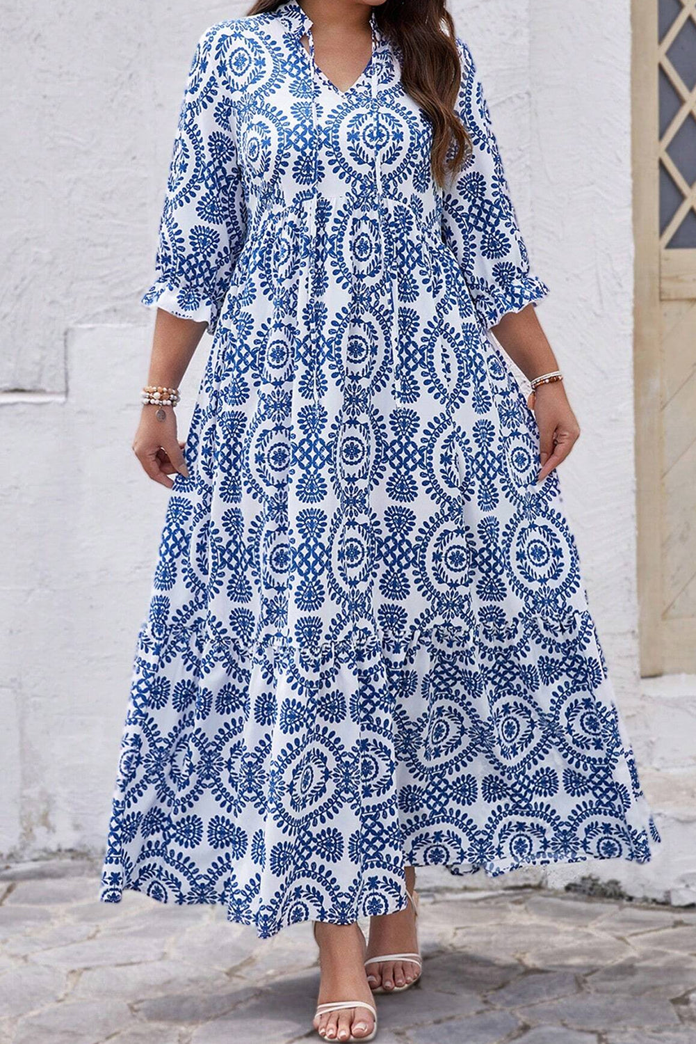 Geometric Print Lace-up Notch Neck Plus Size Maxi Dress